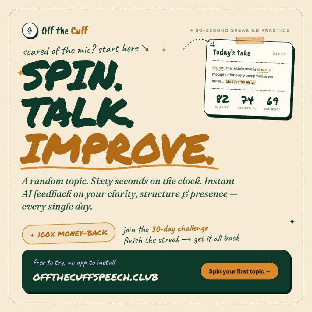 Off the Cuff 60-second speaking practice with spin, talk, improve, and AI feedback