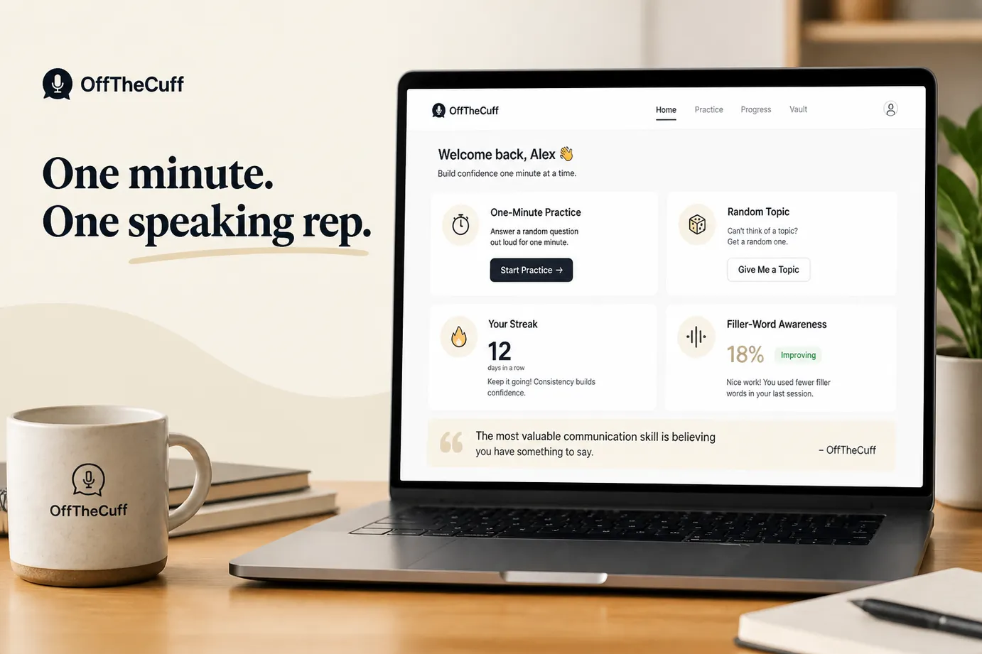OffTheCuff website dashboard for daily speaking practice